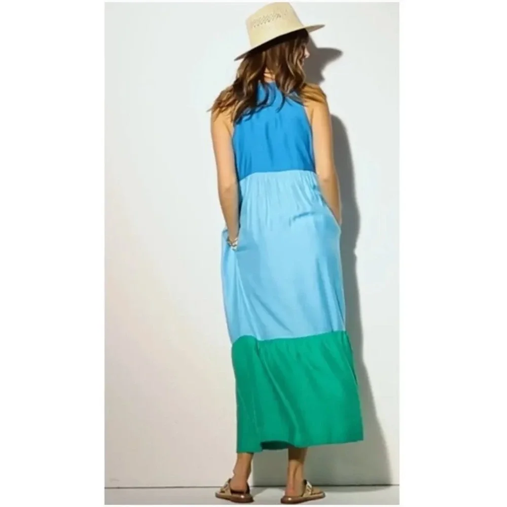 J. Jill Maxi Dress PM Blue Green Colorblock Tiered Boho Coastal Summer - Picture 10 of 16